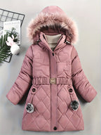 Girls Winter Puffer Coat | Quilted Heart Design With Fur Hood VexonGear