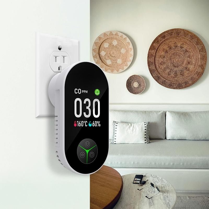 3-in-1 Carbon Monoxide Detector with Temperature and Humidity Display – Plug-In CO Alarm with 85 dB Alert, Color LCD Screen