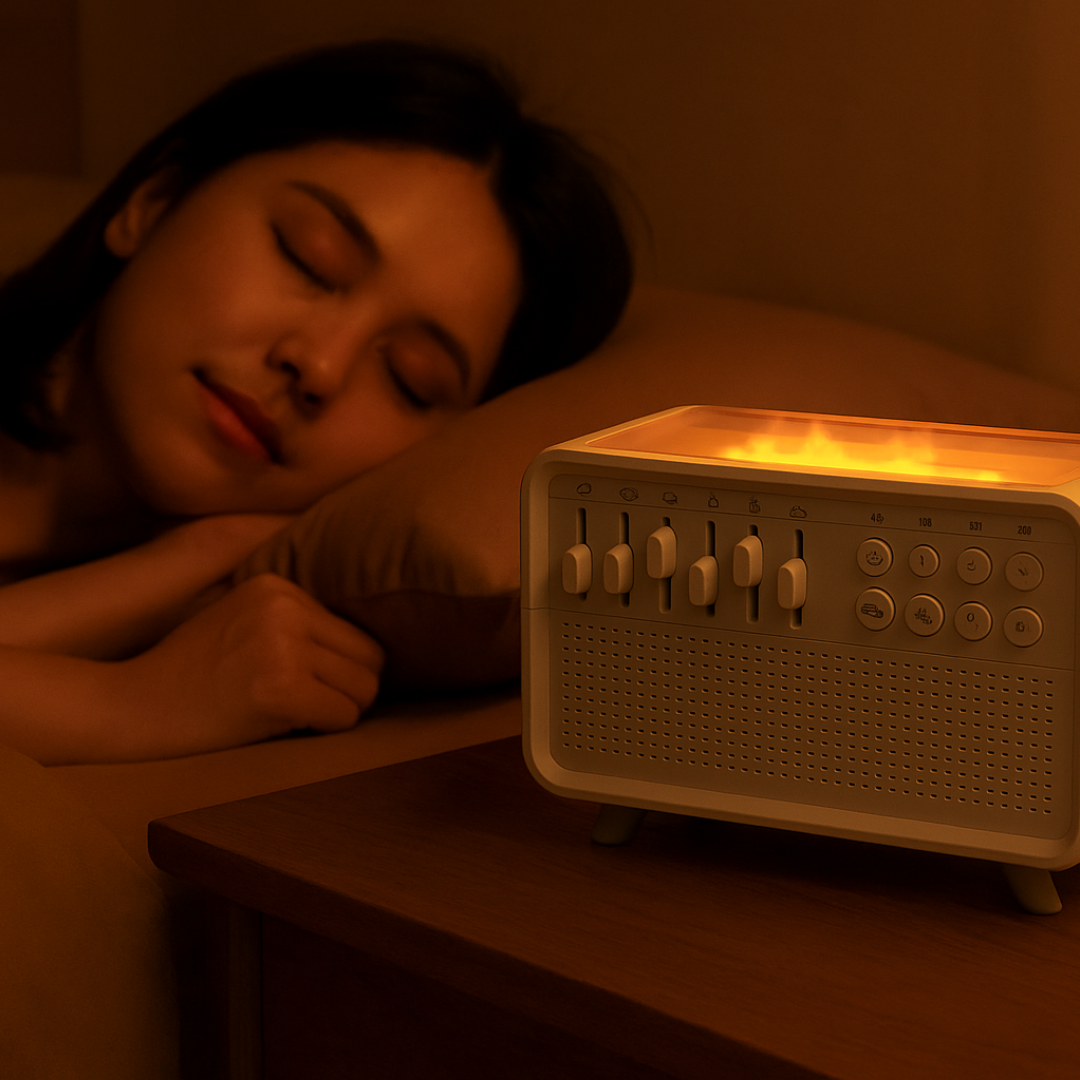 White Noise Machine USB Powered, Built-In Humidifier and Flame-Effect Light, ABS Housing