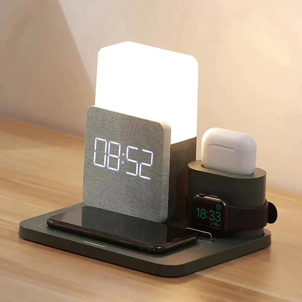 Wireless Charging Station with Alarm Clock and Adjustable Lamp, 15W Output