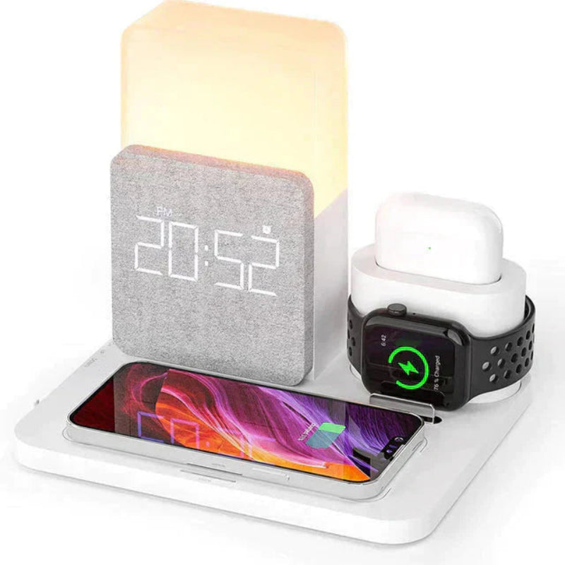 Wireless Charging Station with Alarm Clock and Adjustable Lamp, 15W Output