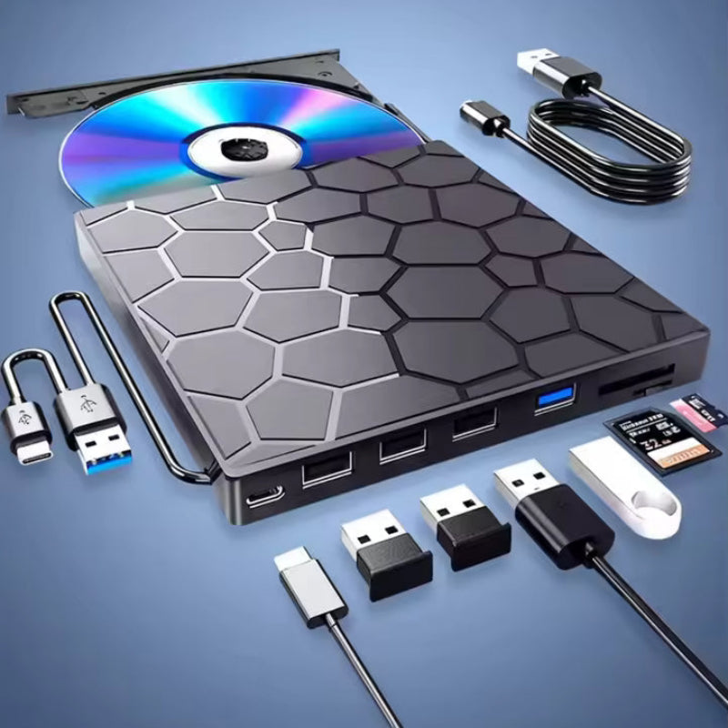 7-in-1 Portable External CD/DVD Drive for Laptop with USB 3.0, USB-C, 8-Port Hub, and SD Card Reader
