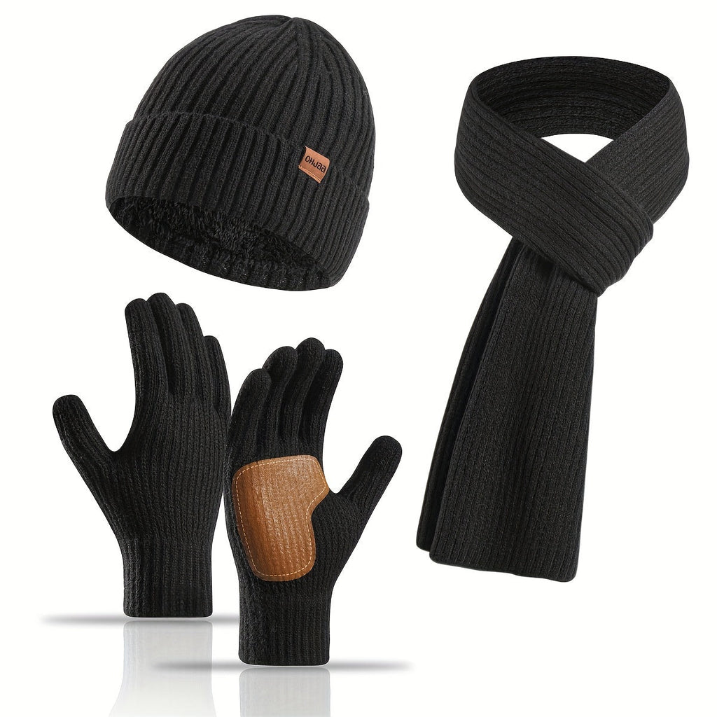 Ribbed Winter Accessories Set | Soft Knit Hat Scarf Gloves with Leather Details VexonGear