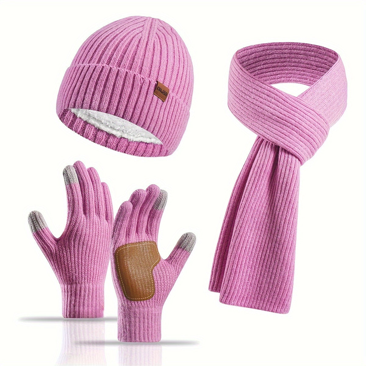 Ribbed Winter Accessories Set | Soft Knit Hat Scarf Gloves with Leather Details VexonGear