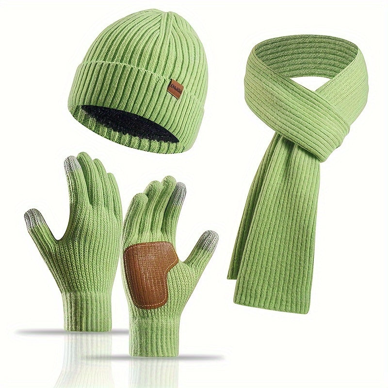 Ribbed Winter Accessories Set | Soft Knit Hat Scarf Gloves with Leather Details VexonGear