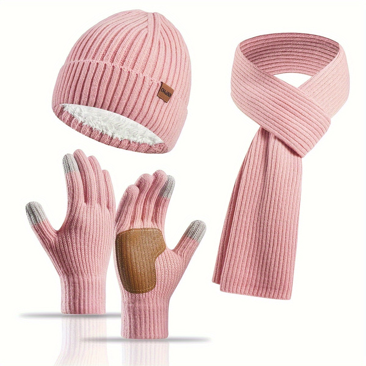 Ribbed Winter Accessories Set | Soft Knit Hat Scarf Gloves with Leather Details VexonGear