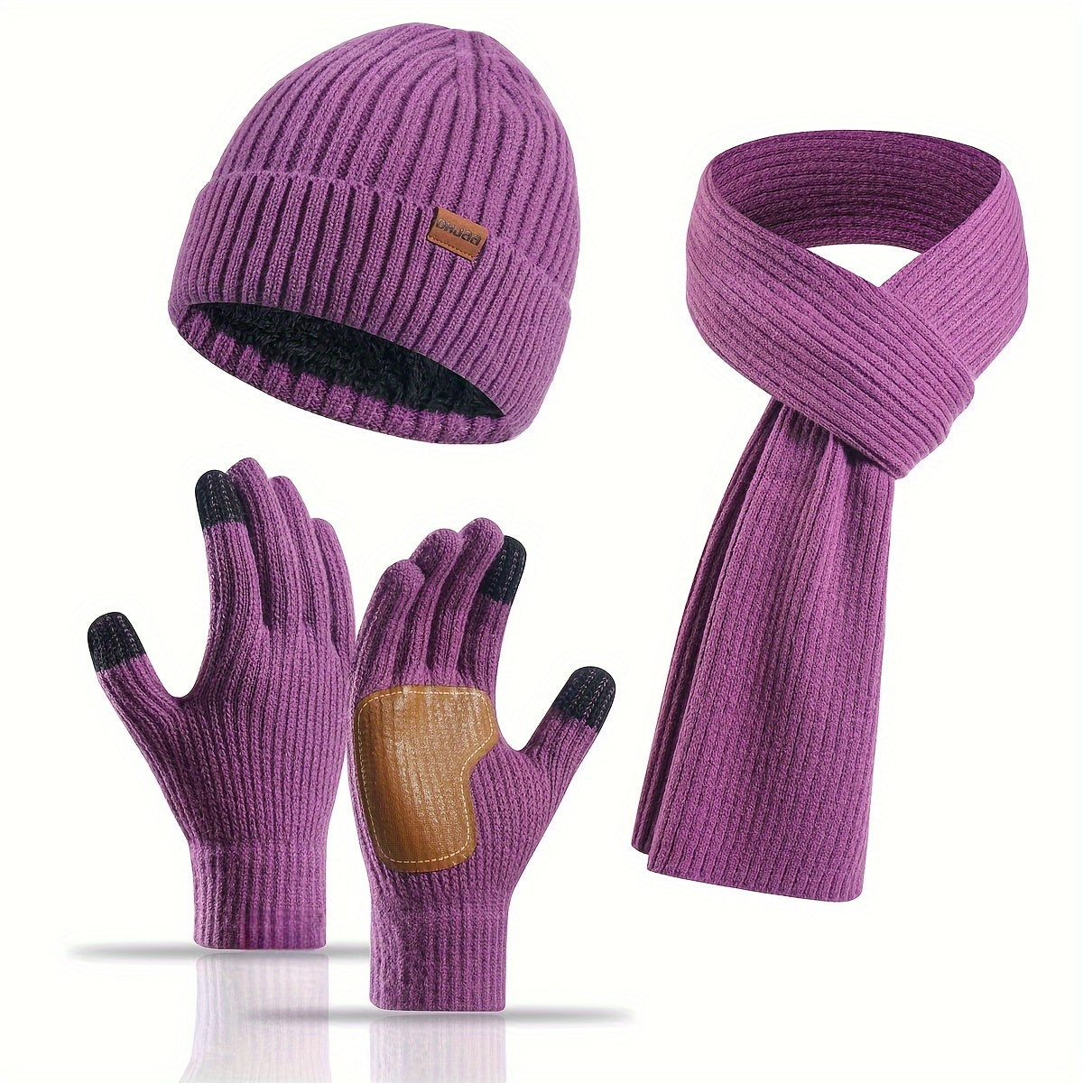 Ribbed Winter Accessories Set | Soft Knit Hat Scarf Gloves with Leather Details VexonGear
