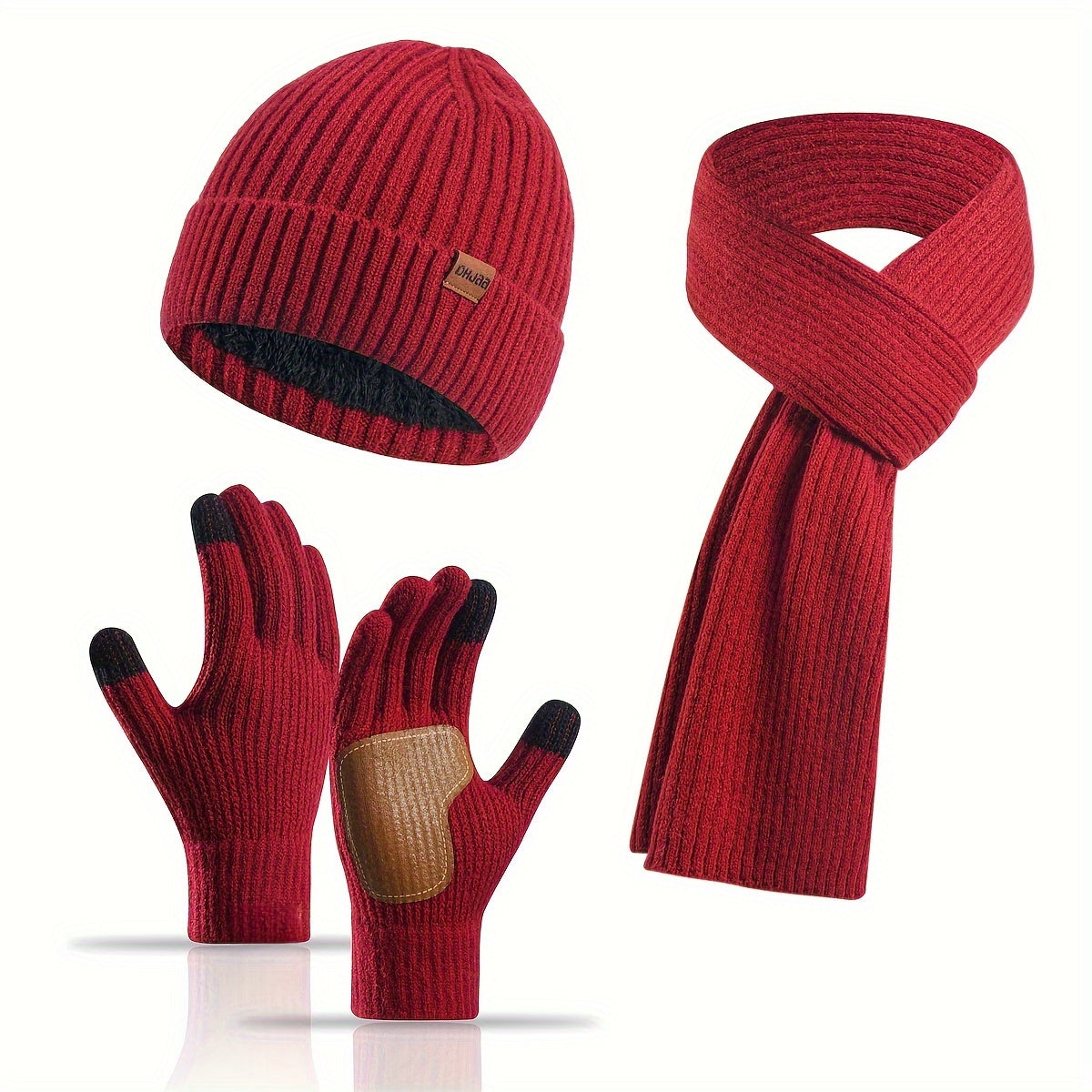 Ribbed Winter Accessories Set | Soft Knit Hat Scarf Gloves with Leather Details VexonGear