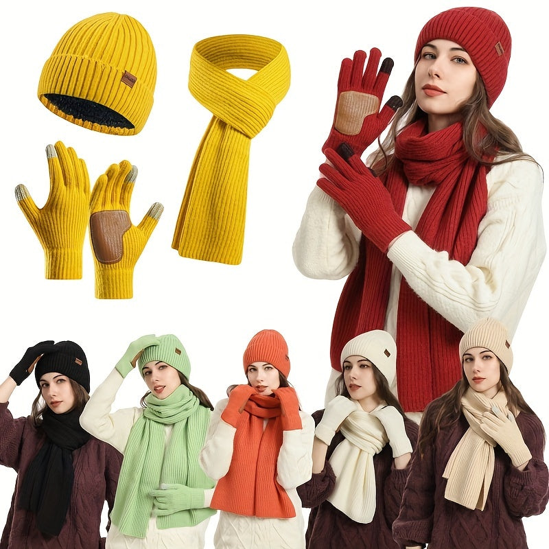 Ribbed Winter Accessories Set | Soft Knit Hat Scarf Gloves with Leather Details VexonGear