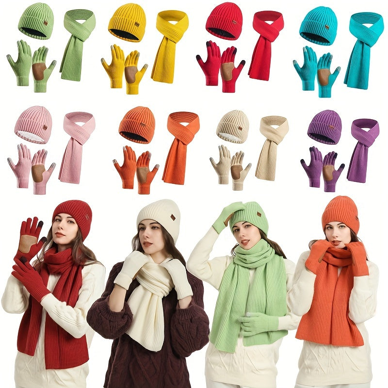 Ribbed Winter Accessories Set | Soft Knit Hat Scarf Gloves with Leather Details VexonGear