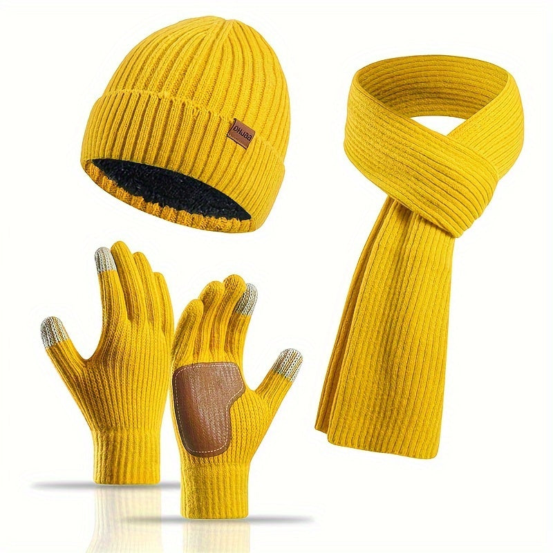 Ribbed Winter Accessories Set | Soft Knit Hat Scarf Gloves with Leather Details VexonGear