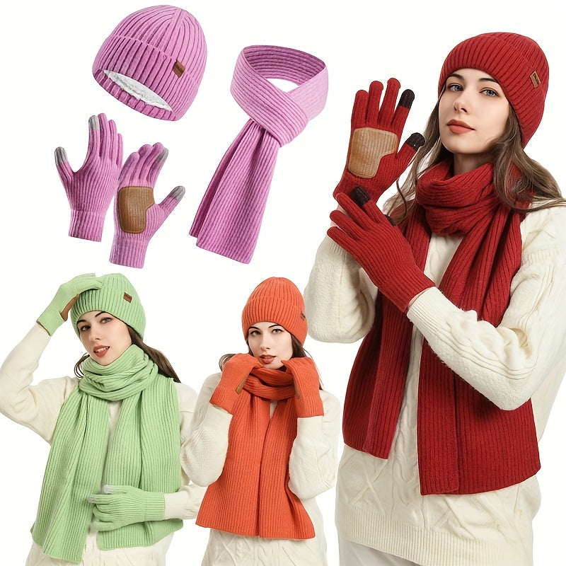 Ribbed Winter Accessories Set | Soft Knit Hat Scarf Gloves with Leather Details VexonGear