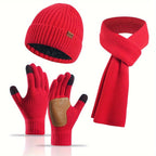 Ribbed Winter Accessories Set | Soft Knit Hat Scarf Gloves with Leather Details VexonGear