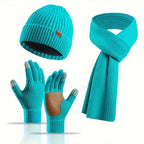 Ribbed Winter Accessories Set | Soft Knit Hat Scarf Gloves with Leather Details VexonGear