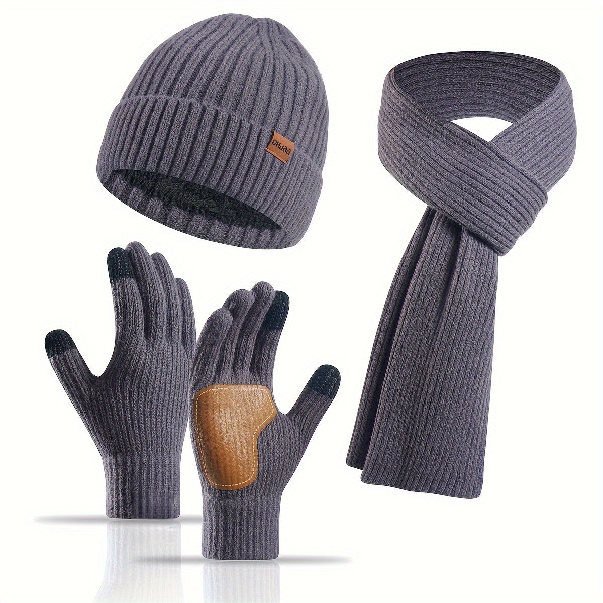 Ribbed Winter Accessories Set | Soft Knit Hat Scarf Gloves with Leather Details VexonGear