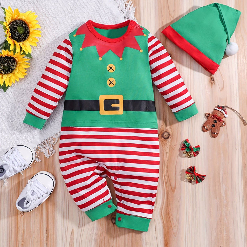 Holiday Baby Elf Romper | Striped Festive Costume with Hat VexonGear