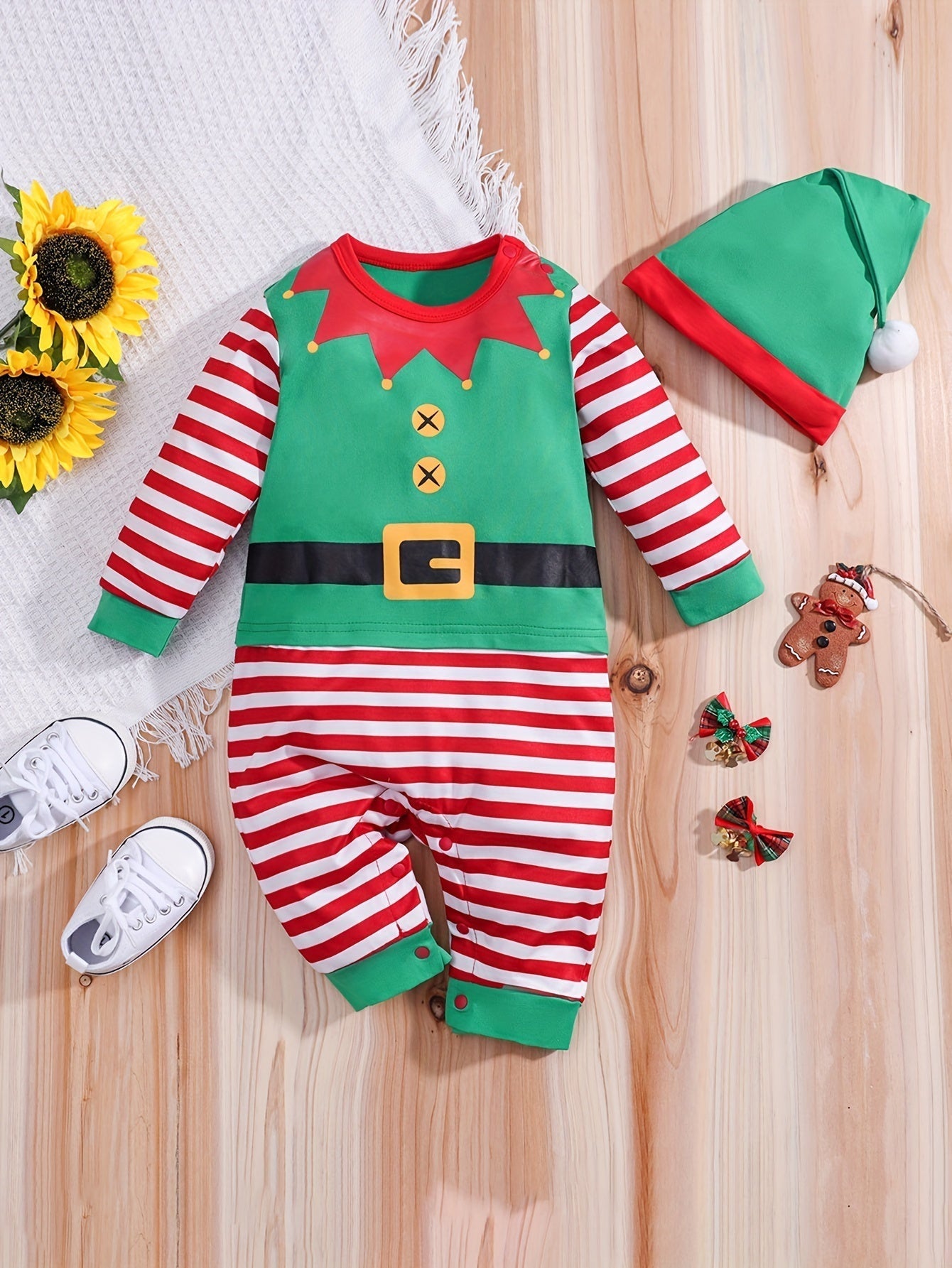 Holiday Baby Elf Romper | Striped Festive Costume with Hat VexonGear