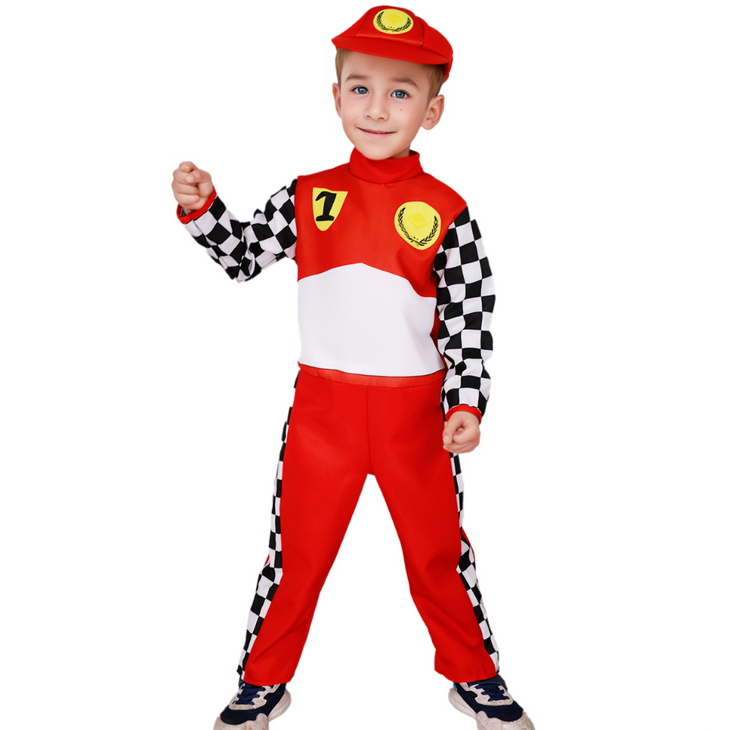 Kids Racing Costume | Checkered Driver Jumpsuit With Cap VexonGear