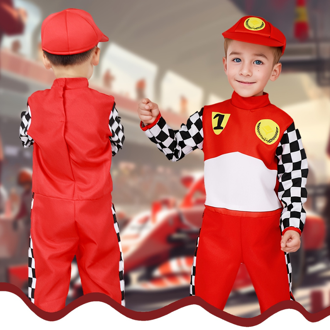 Kids Racing Costume | Checkered Driver Jumpsuit With Cap VexonGear