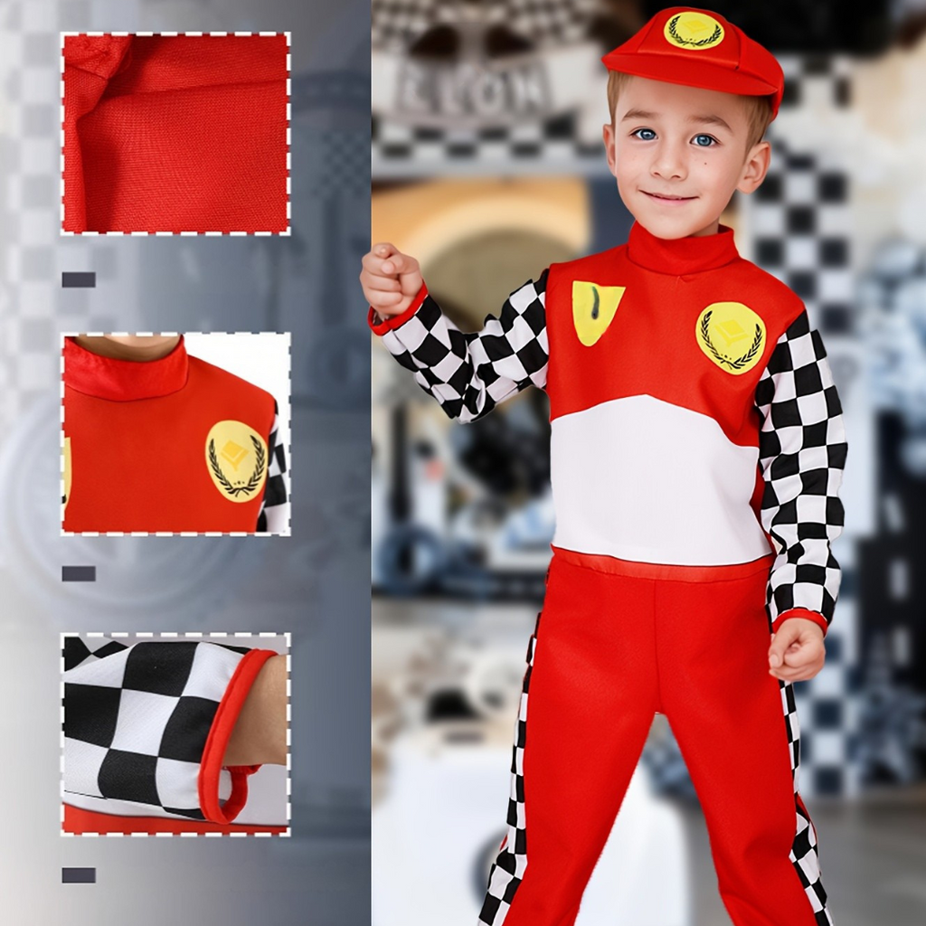 Kids Racing Costume | Checkered Driver Jumpsuit With Cap VexonGear
