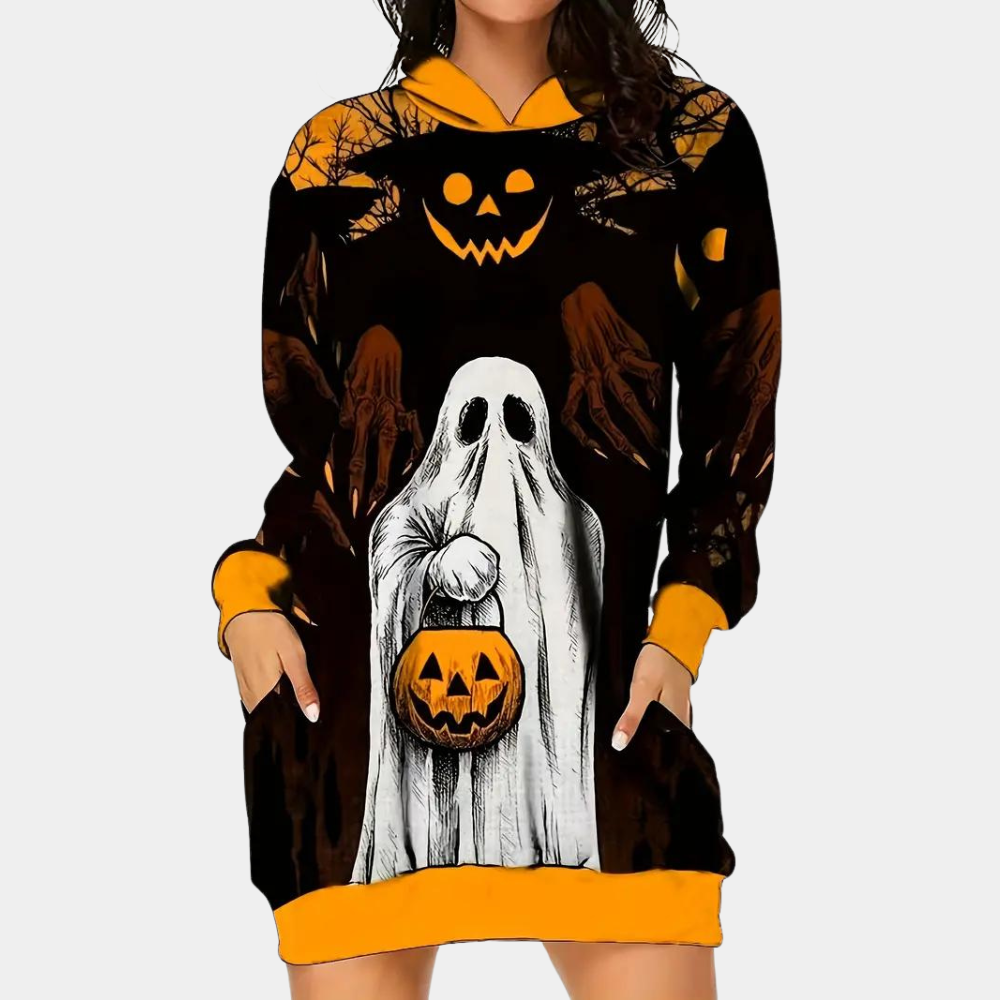 Halloween Hoodie Dress | Ghost & Pumpkin Print Design VexonGear