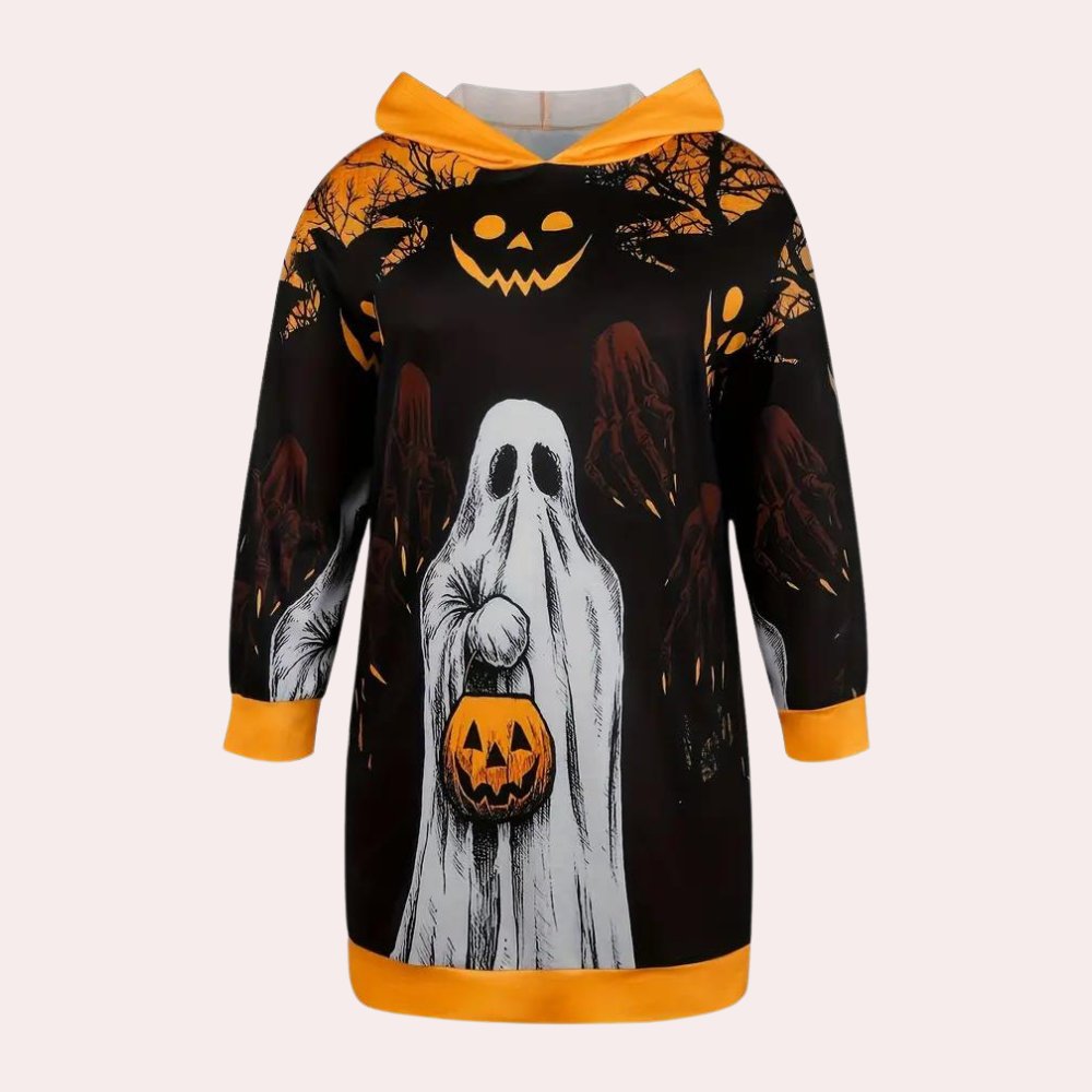 Halloween Hoodie Dress | Ghost & Pumpkin Print Design VexonGear
