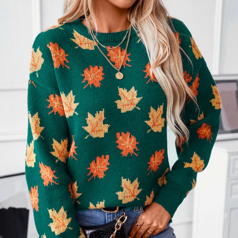 Autumn Knit Sweater | Maple Leaf Pattern In Forest Green VexonGear