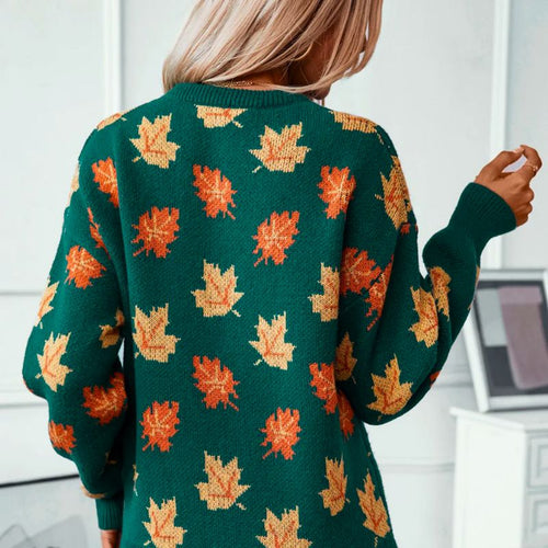 Autumn Knit Sweater | Maple Leaf Pattern In Forest Green VexonGear