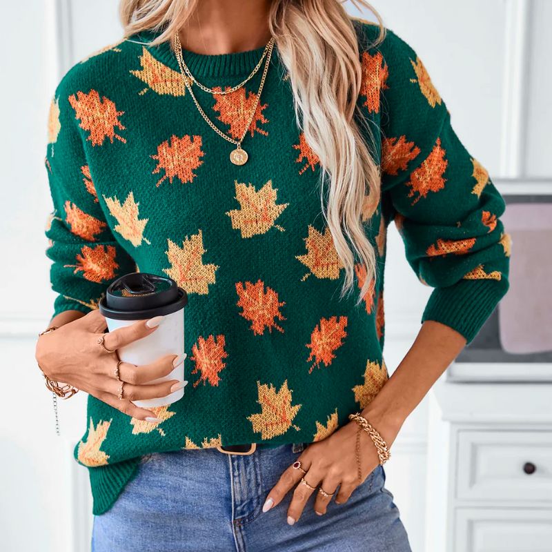 Autumn Knit Sweater | Maple Leaf Pattern In Forest Green VexonGear