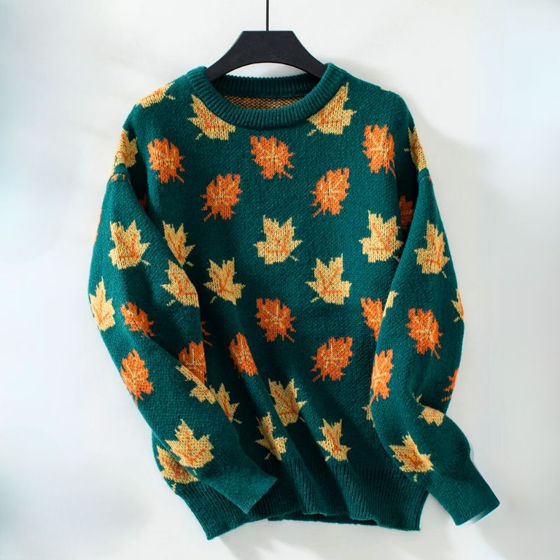 Autumn Knit Sweater | Maple Leaf Pattern In Forest Green VexonGear