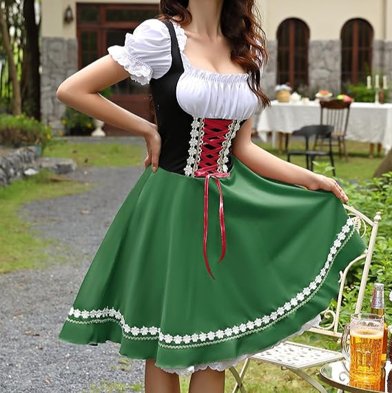Traditional Dirndl Dress | Bavarian Green with Lace Trim VexonGear