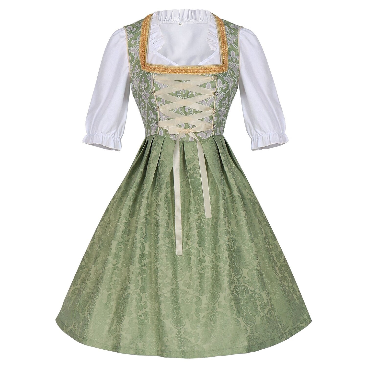 Traditional Dirndl Dress | Sage Green Brocade with Gold Trim VexonGear
