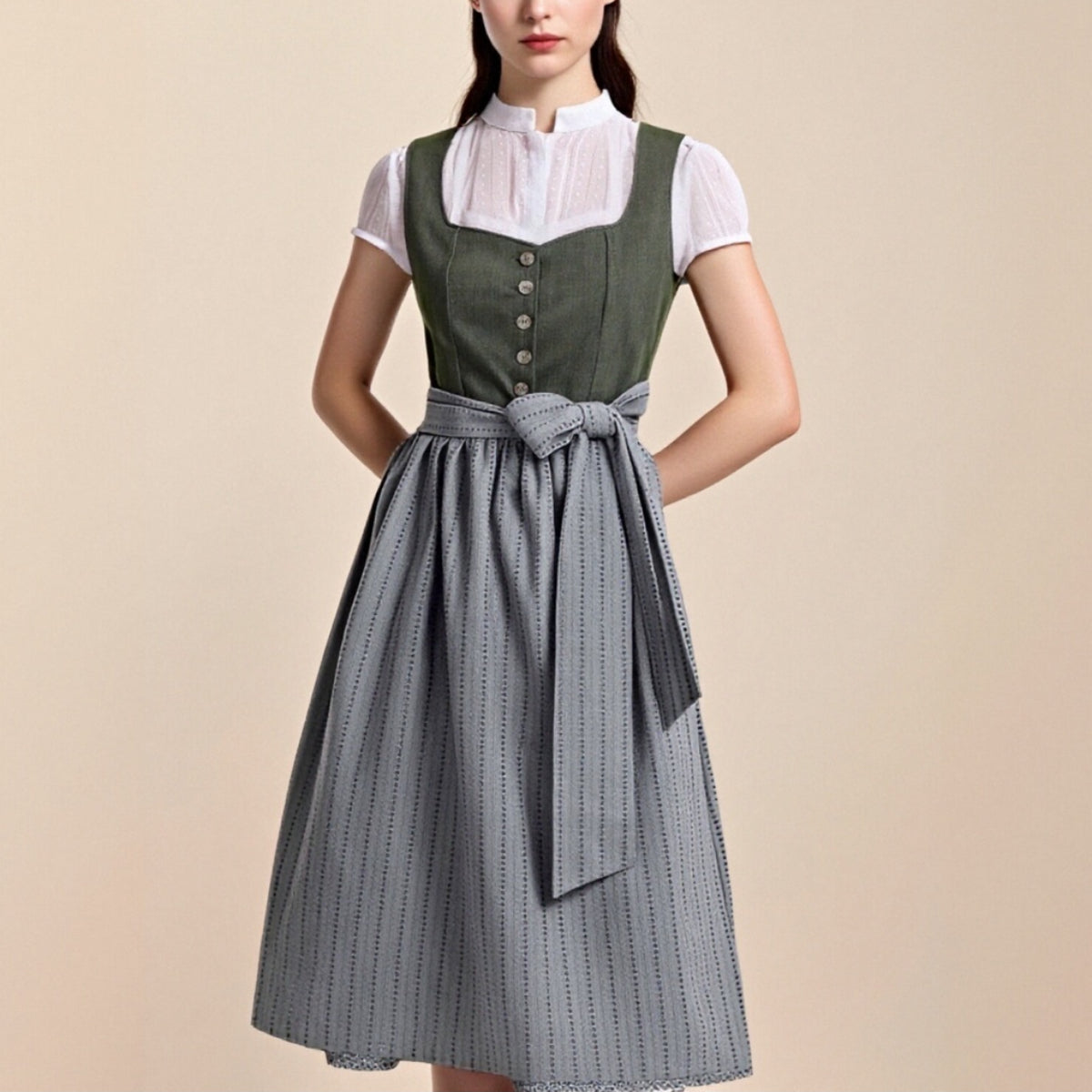 Traditional Dirndl Dress | Olive Green Bodice With Gray Apron VexonGear