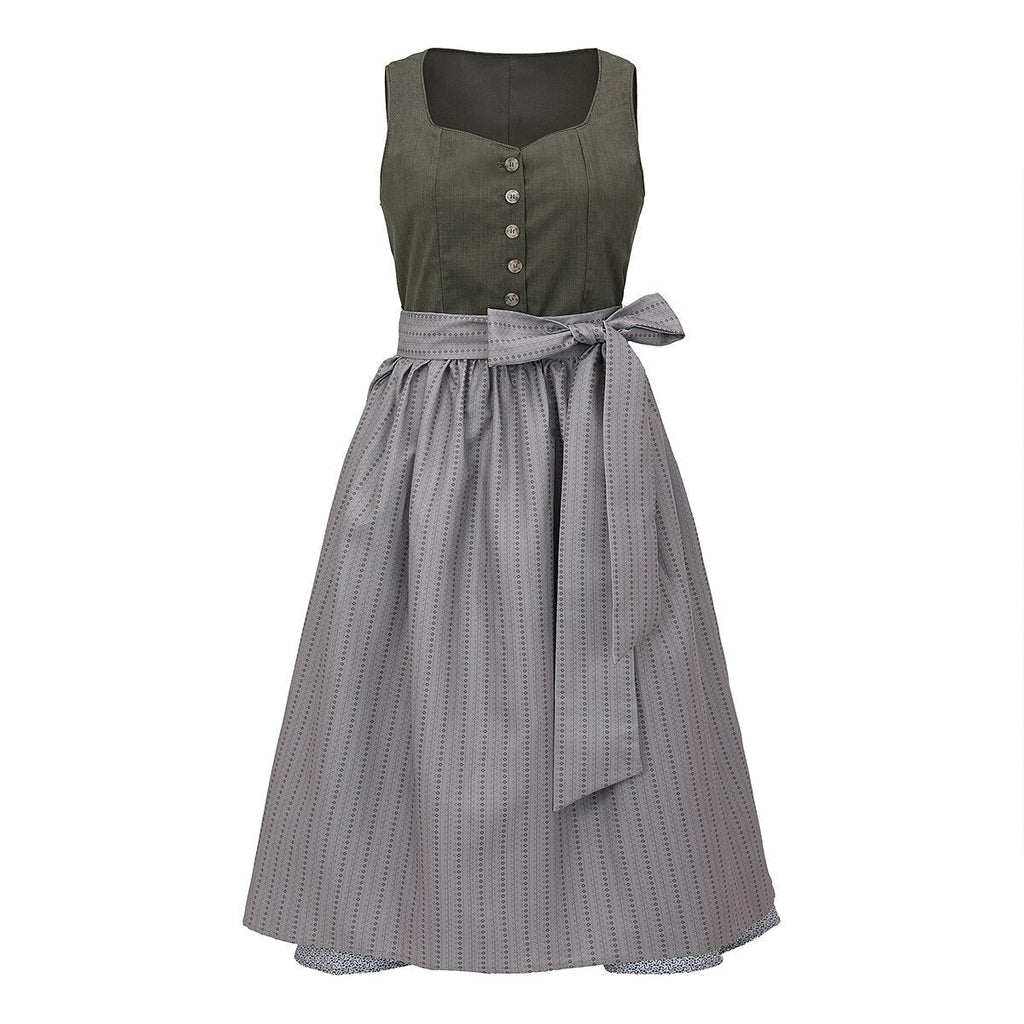 Traditional Dirndl Dress | Olive Green Bodice With Gray Apron VexonGear