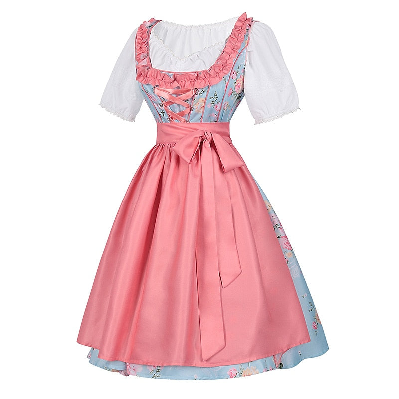 Traditional Dirndl Dress | Floral Pattern with Pink Apron Set VexonGear