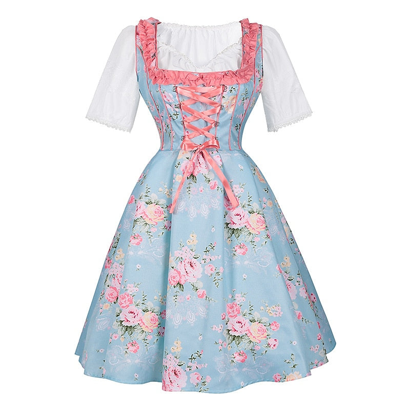 Traditional Dirndl Dress | Floral Pattern with Pink Apron Set VexonGear