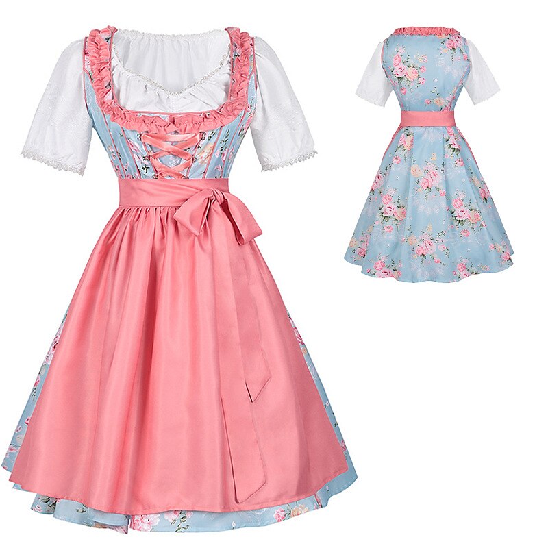 Traditional Dirndl Dress | Floral Pattern with Pink Apron Set VexonGear