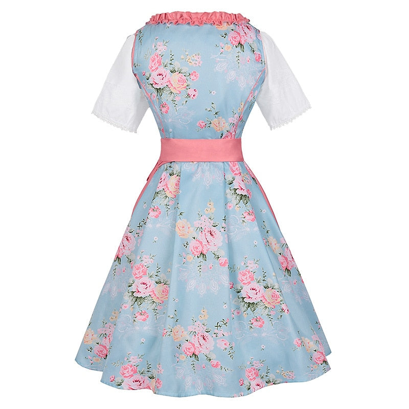 Traditional Dirndl Dress | Floral Pattern with Pink Apron Set VexonGear
