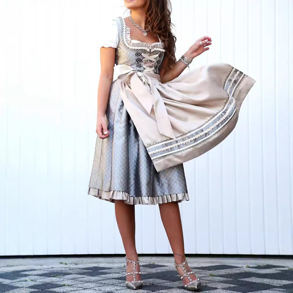 Traditional Dirndl Dress | Grey Floral Pattern with White Apron VexonGear