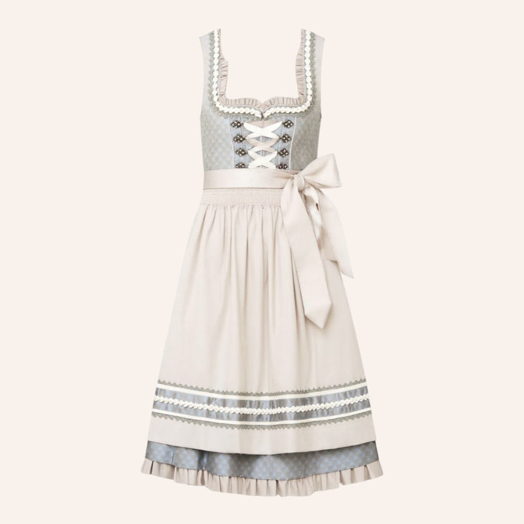 Traditional Dirndl Dress | Grey Floral Pattern with White Apron VexonGear