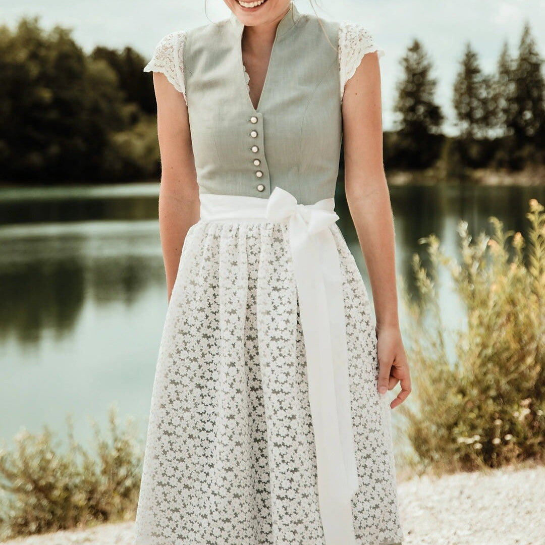 Traditional Dirndl Dress | Sage Green with Lace Apron VexonGear