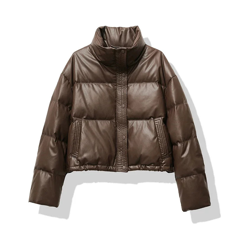 Winter Puffer Jacket | Brown Leather-Look Quilted Design VexonGear