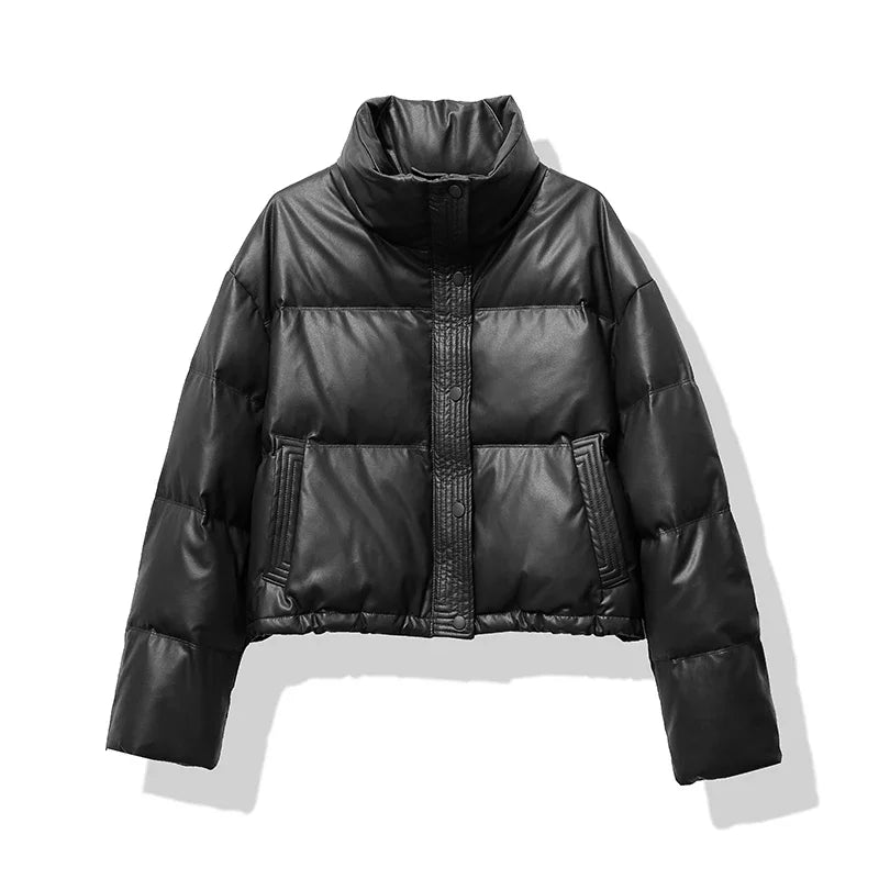 Winter Puffer Jacket | Brown Leather-Look Quilted Design VexonGear
