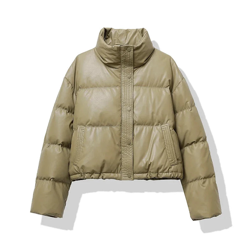 Winter Puffer Jacket | Brown Leather-Look Quilted Design VexonGear