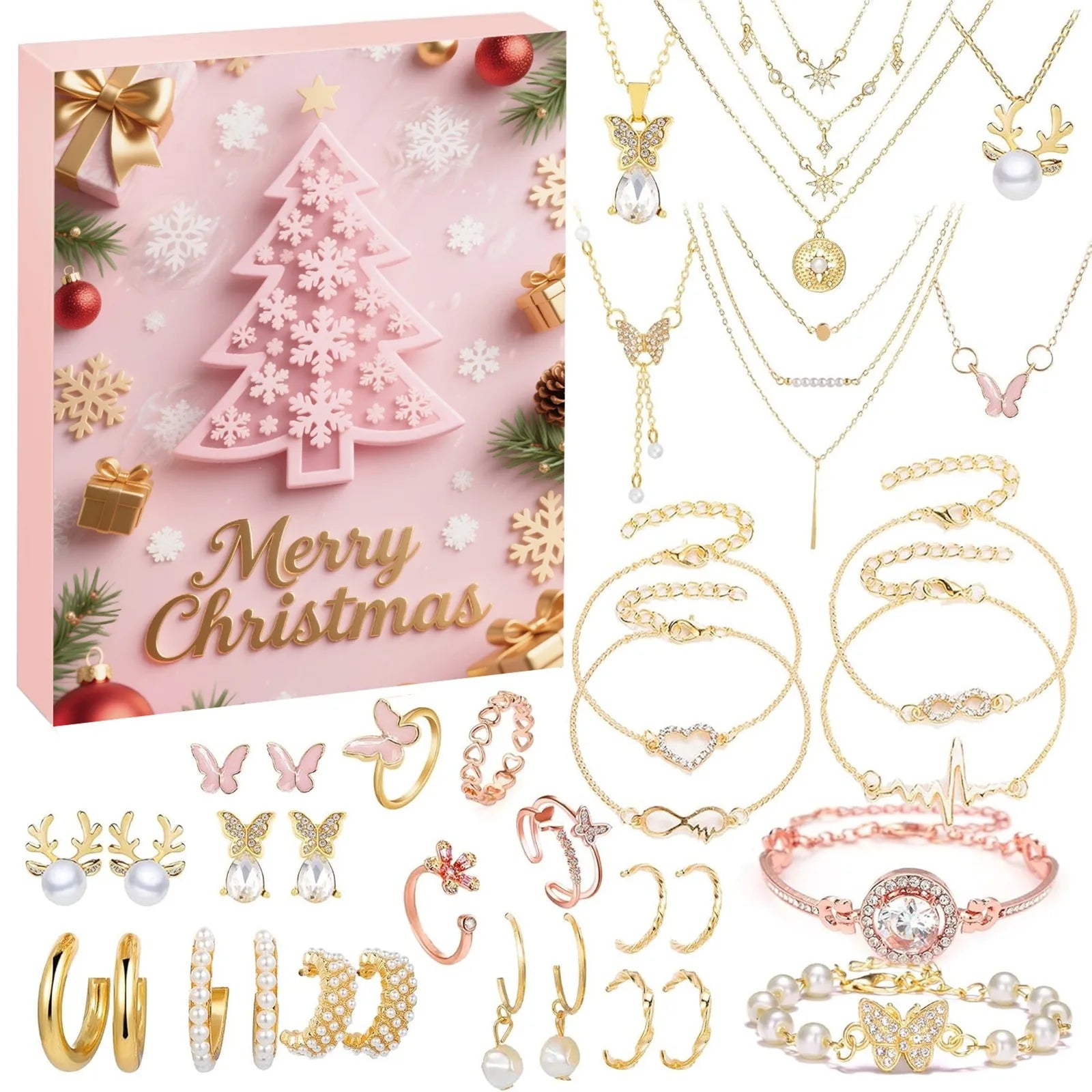 Christmas Jewelry Advent Calendar | 24 Gold Pink Accessories VexonGear