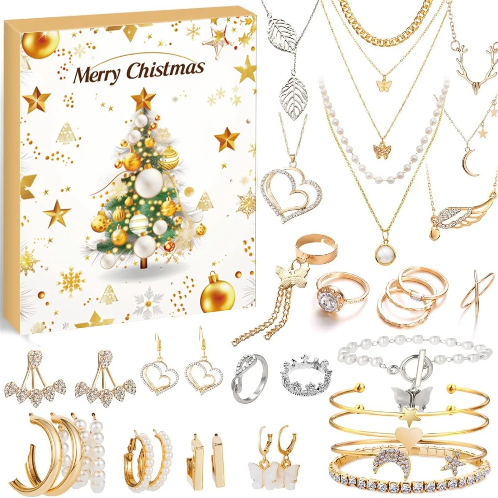 Christmas Jewelry Advent Calendar | 24 Gold Pink Accessories VexonGear