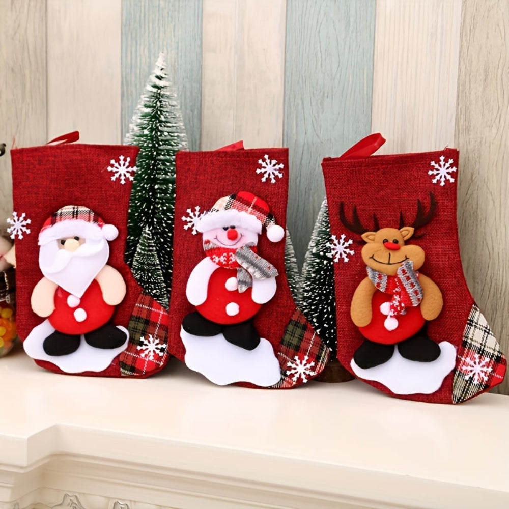 Christmas Stockings Set | Red Fabric Santa Snowman Reindeer Design VexonGear
