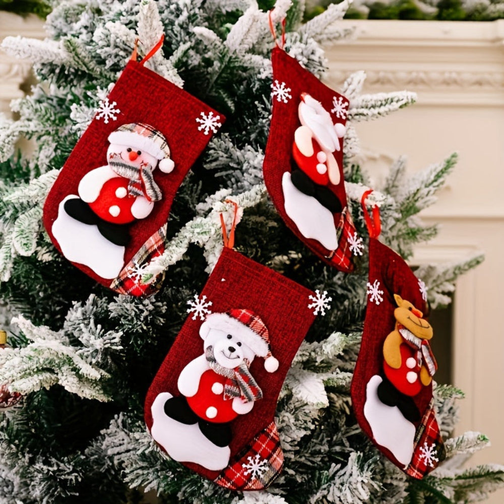 Christmas Stockings Set | Red Fabric Santa Snowman Reindeer Design VexonGear