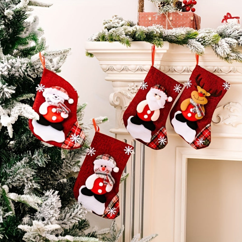 Christmas Stockings Set | Red Fabric Santa Snowman Reindeer Design VexonGear