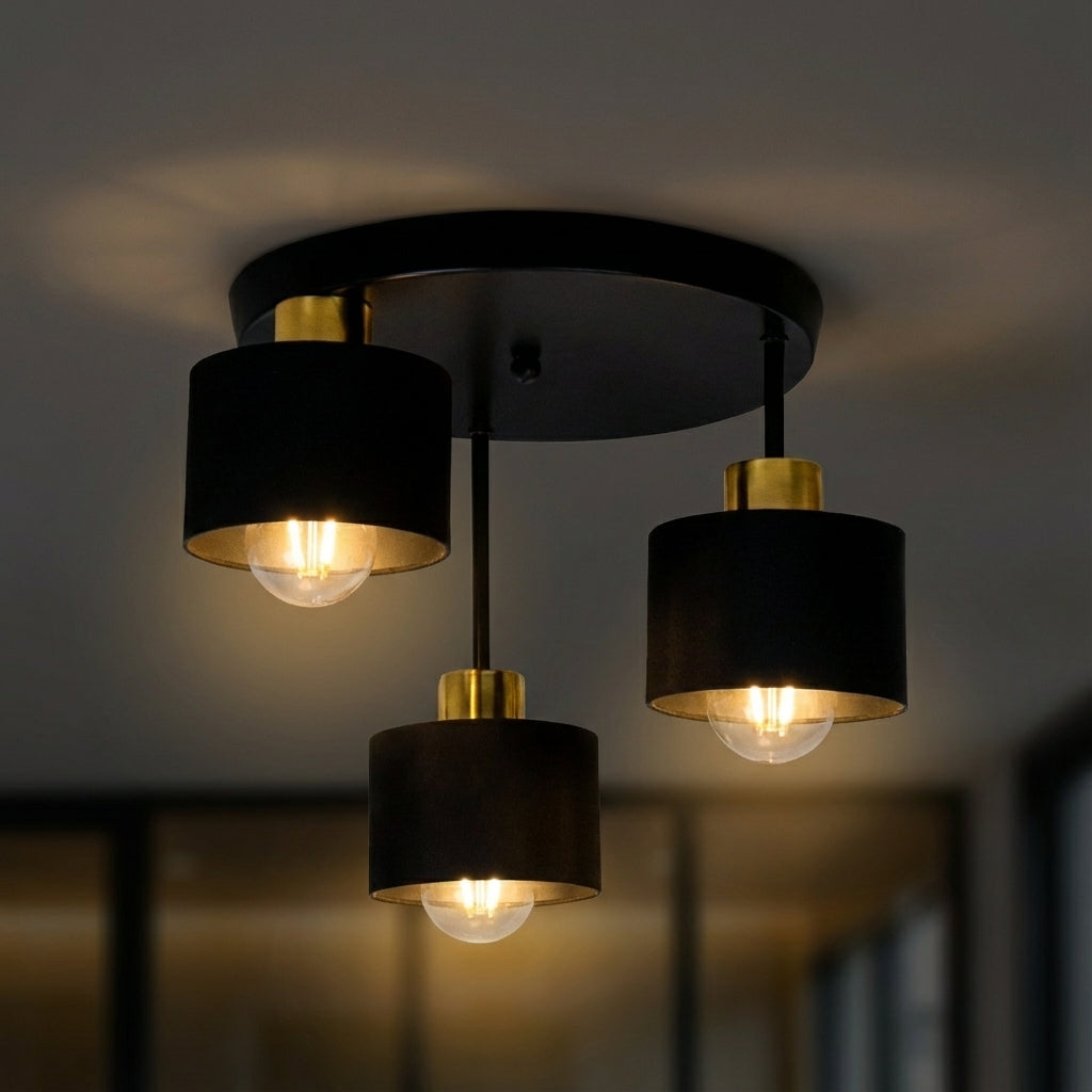 Ceiling Lamp 3 Light E27 Steel Frame Black and Gold Modern Industrial VexonGear